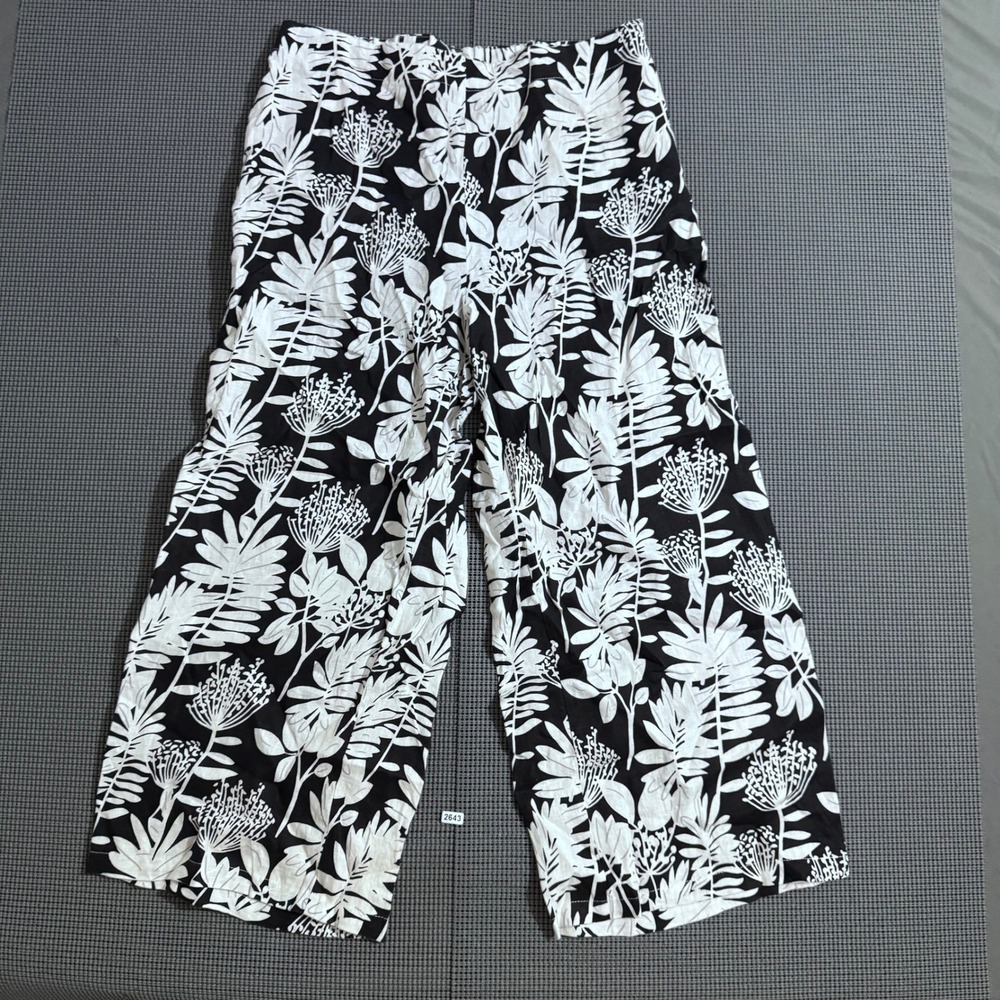 Tahari Womens Large Black White Floral Leaf 100% Linen Wide Leg Pants